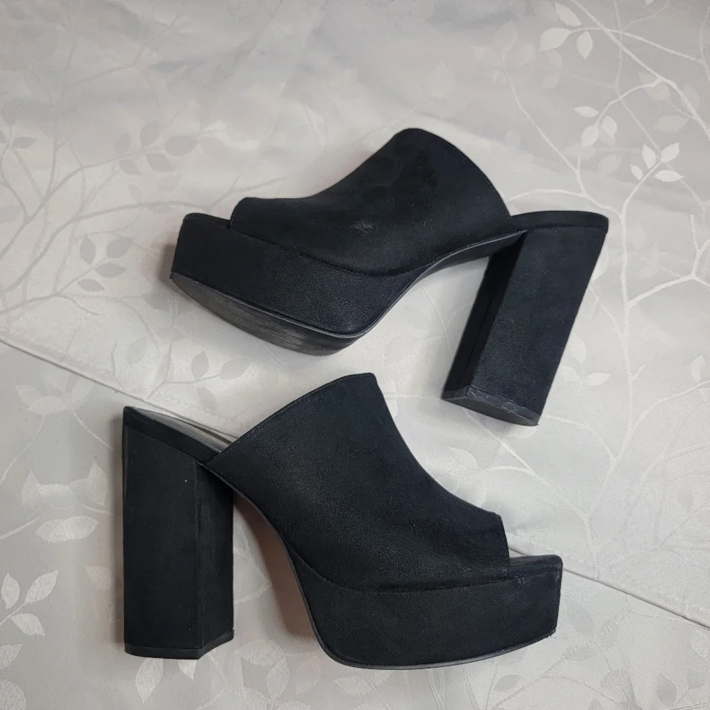 Lulu's Chandra Black Vegan Suede Block Heels Platform Open Toe Slides Mules 8.5‎